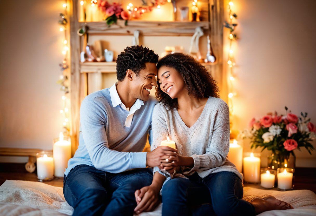 A warm and intimate scene featuring a couple sharing laughter and joy in a cozy setting, surrounded by soft lighting and romantic decorations. Elements like intertwined hands, playful gestures, and a backdrop of gentle hues evoke a sense of shared pleasure and connection. Incorporate symbols of romance like candles and flowers to enhance the ambiance. tender and heartwarming. soft pastels. cozy lighting.