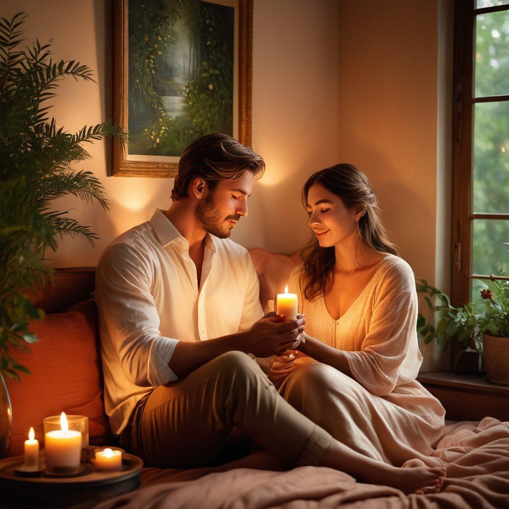 A serene and intimate scene depicting a couple in a cozy, softly lit room, surrounded by lush greenery and gentle candles, showcasing warmth and connection through their joyful expressions. The atmosphere should evoke a sense of trust and closeness, with subtle hints of romance like intertwined hands and soft fabrics in delicate colors. Add an ambiance of tranquility, with artful elements reflecting harmony and passion. super-realistic. warm tones. soft lighting.